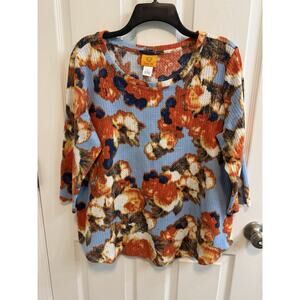 Ruby Rd L Waffle Weave Top Orange Blue 3/4 Sleeves Round Neck Stretch Preowned